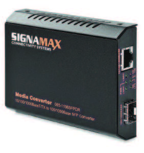 Signamax 10/100/1000BaseT/TX to 100/1000Base SFP Media Converter Fiber types, 100 or 1000Base speed, and distances spanned are SFP module-dependent