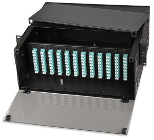 72- to 288-Fiber Rack-Mount Optical Fiber Enclosure. Accepts 12 Adapter Plates and 8 FST-24P Splice Trays. Dimensions: 7.00"H x 19"W x 16"D