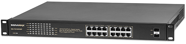 Signamax's 18-Port 10/100/1000BaseT/TX PoE/PoE+ Switch with 16 Power over Ethernet Plus (PoE+) Ports plus two Gigabit SFP ports provides the capability to remotely power up to sixteen IP cameras, wireless access points, VoIP telephones, IP access controllers, and other devices that meet either the IEEE 802.3af PoE 15.4 watt standard or the IEEE 802.3at PoE+ 30 watt standard. This switch provides nonblocking performance to all 18 unmanaged 10/100/1000BaseT/TX ports, four of which are PoE+ equipped, and two Gigabit SFP ports. The 065-7331GPOEP switch allows cost-effective PoE/PoE+ extension to midsized offices and workgroups.